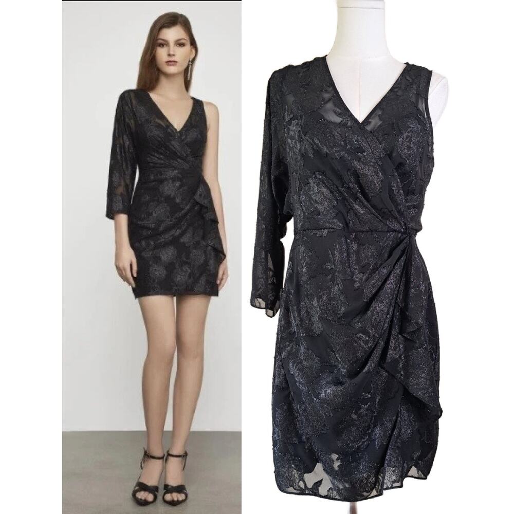 BCBGMAXAZRIA Black Metallic Floral Devore One Sleeve Asymmetrical Mini Dress 10